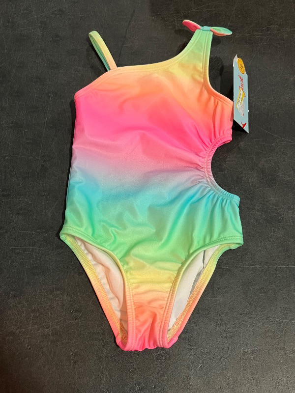 Photo 1 of 18M Toddler Girls' Cut Out One Piece Swimsuit with Bow - Cat & Jack™ Green 18M: Rainbow Pattern, UPF 50+ Protection