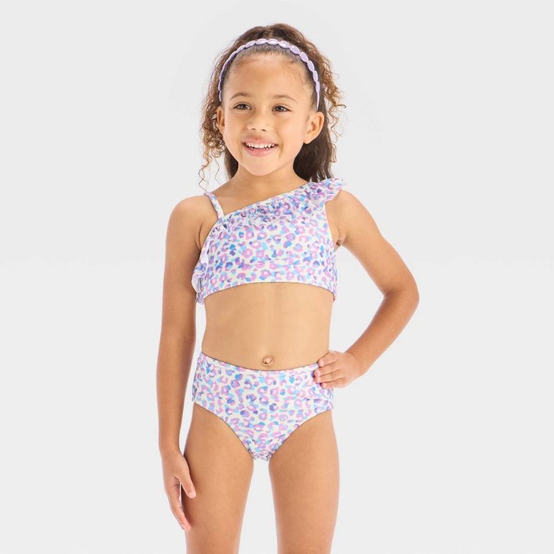 Photo 1 of 12M Baby Girls' Leopard Spot Printed One Shoulder Ruffle Bikini Set - Cat & Jack™ Purple 12M: UPF 50+, Recycled Materials