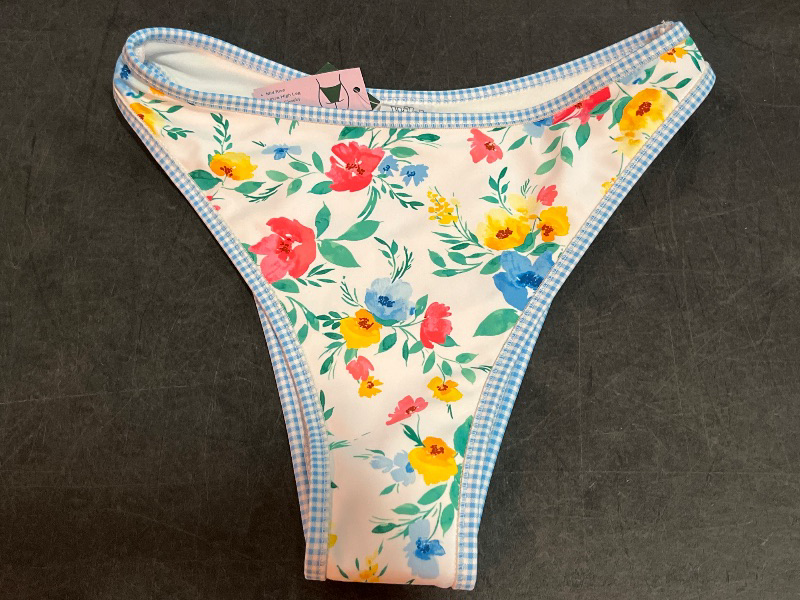 Photo 1 of (S) Women's Contrast Binding Mid-Rise Ultra High Leg Super Cheeky Bikini Bottom - Wild Fable™ Blue Floral Print S: Recycled Polyester, Spandex
