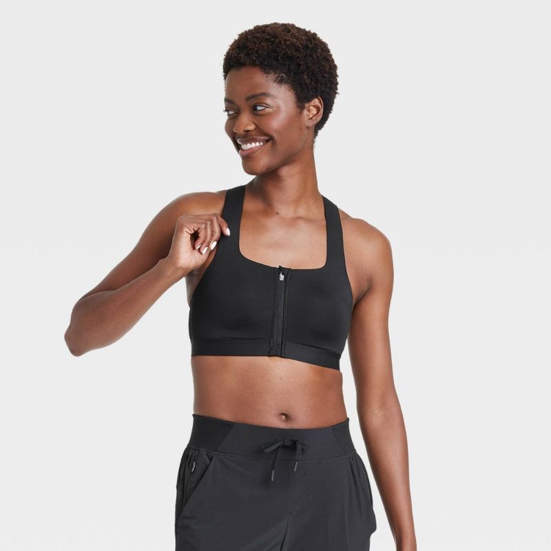 Photo 1 of 36C Women's Sculpt High Support Zip-Front Sports Bra - All in Motion™ Black 36C: Adjustable Strap, Molded Cup
