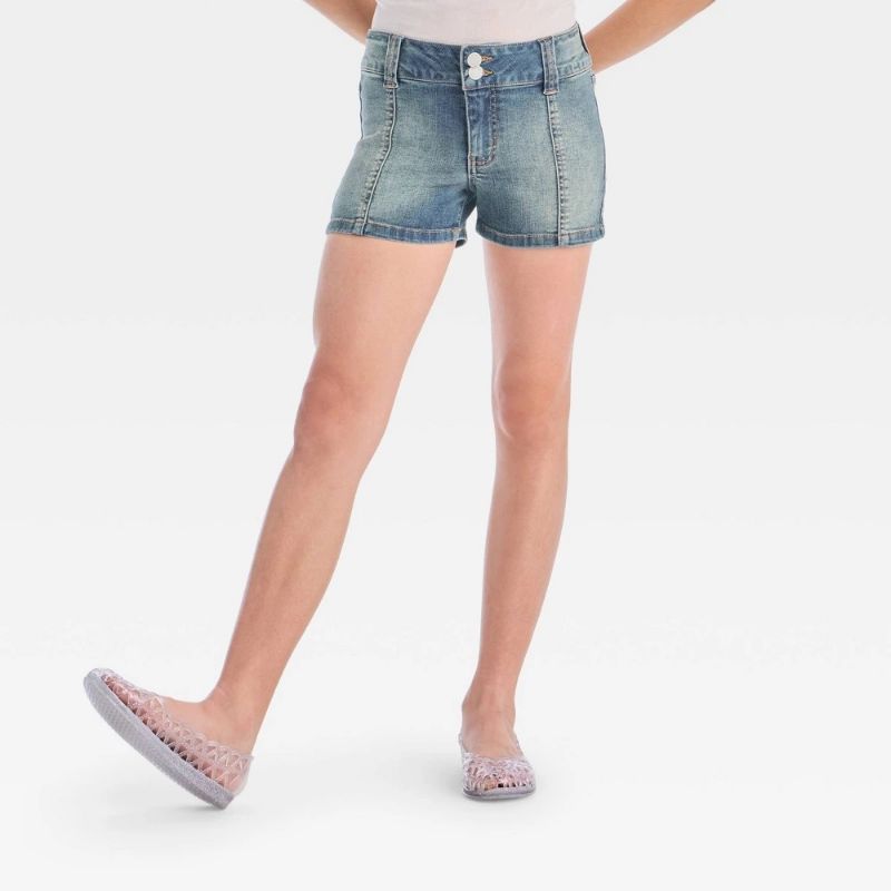 Photo 1 of (M) Girls' Mid-Rise Paneled Denim Shorts - Art Class™ Medium Wash M: Adjustable Waistband, Midweight Fabric