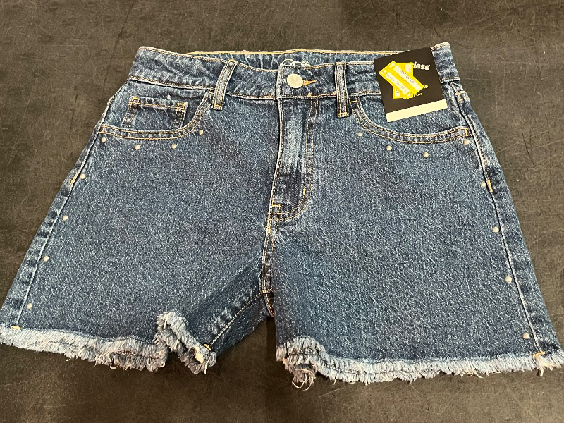 Photo 1 of (L) Girls' High-Rise a-Line Studded Denim Shorts - Art Class™ Medium Wash L: Adjustable Waistband, Frayed Hem