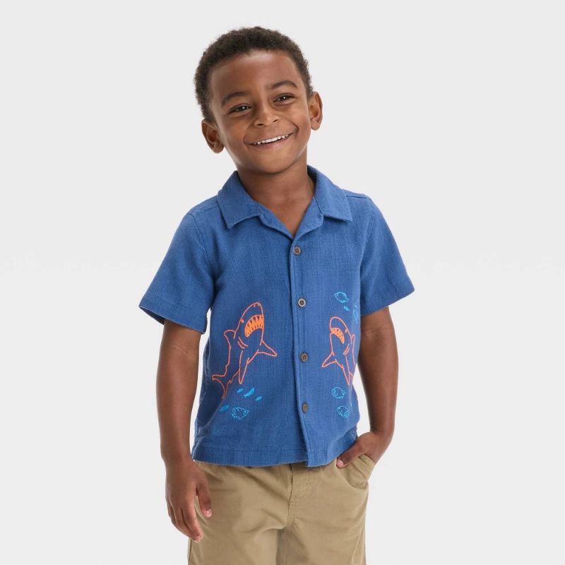 Photo 1 of 2T Toddler Boys' Embroidered Shark T-Shirt - Cat & Jack™ Dark Blue 2T: Button Down, Camp Collar