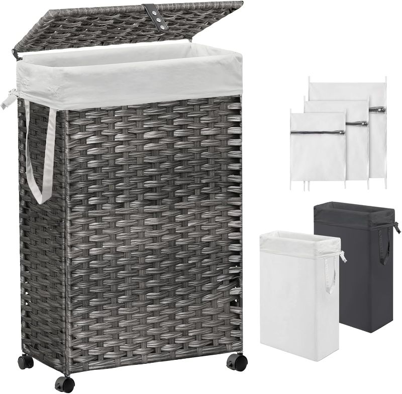 Photo 1 of 70L Slim Laundry Hamper with Lid & Wheels, Rolling Laundry Basket with 2 Removable Liner Bags & 3 Mesh Bags, Narrow Dirty Clothes Basket, Foldable Handwoven Rattan Laundry Sorter, Grey