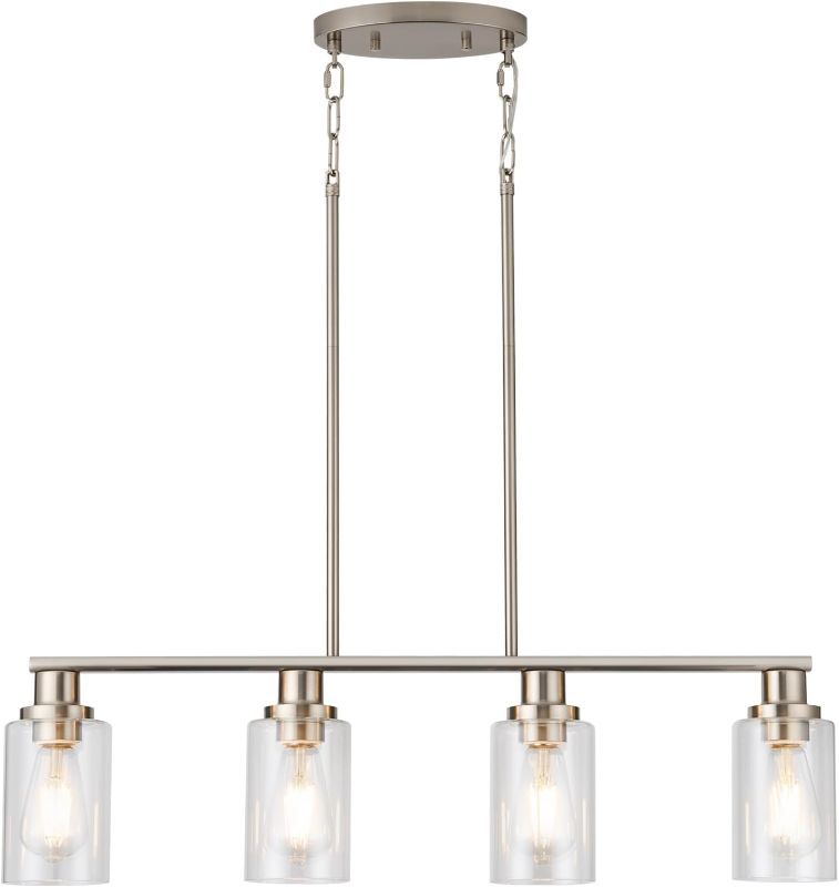 Photo 1 of Kitchen Island Lighting, 4-Light Farmhouse Dining Room Light Fixtures Over Table, Linear Chandelier Pendant Lighting for Kitchen Island for Brushed Nickel Finish with Clear Glass Shade