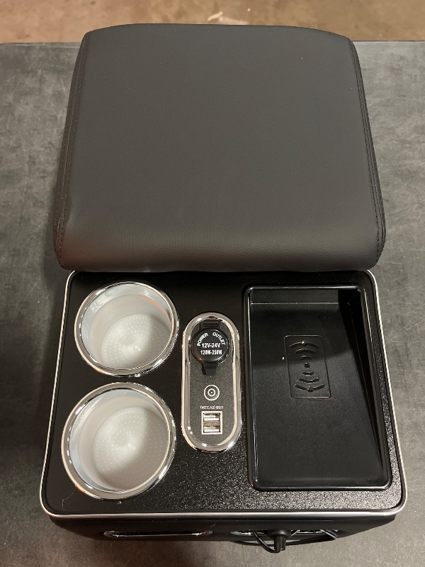 Photo 1 of Center Console Armrest Organizer with Wireless Charging Phone Holder & Cup Holders for Car & Minivan & Van Truck Floor Cab Back Bench Seat Storage Box - Black
