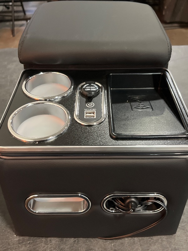 Photo 1 of Center Console Armrest Organizer with Wireless Charging Phone Holder & Cup Holders for Car & Minivan & Van Truck Floor Cab Back Bench Seat Storage Box - Black
