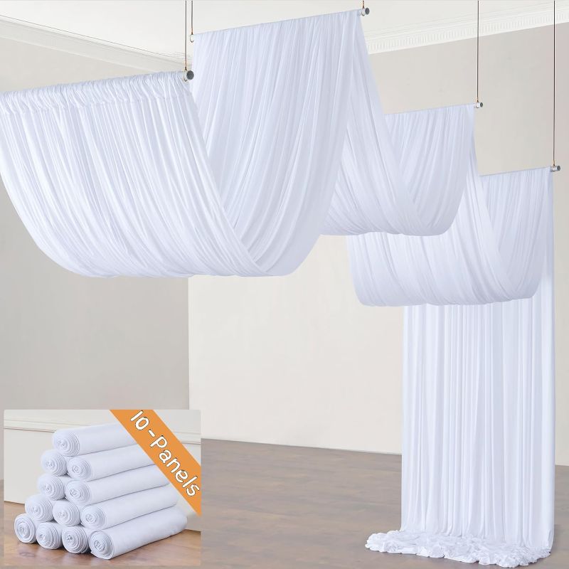 Photo 1 of 50ft×40ft White Ceiling Drapes for Weddings Parties,10 Panels 5×40ft Long Ceiling Curtain for Tent Canopy,Wrinkle Free Silk Easy to Draping&Hang White Drapes for Event Church Stage Photo Bedroom
