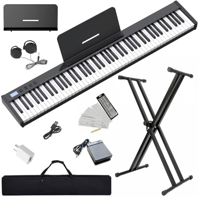Photo 1 of NikoMaku Semi-weighted 88 Keys Piano Keyboard Compact Portable Digital Piano Set for Beginners with Stand, Carrying Case, Sustain Pedal, Headphones, SWAN-S Black
