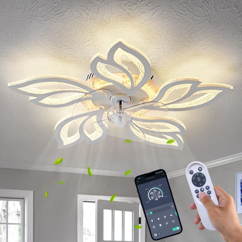 Photo 1 of 25" White Modern Geometric Ceiling Fan with Lights, 3 Light Color 6 Speeds Flush Mount Low Profile Ceiling Fan for Bedroom Kitchen
