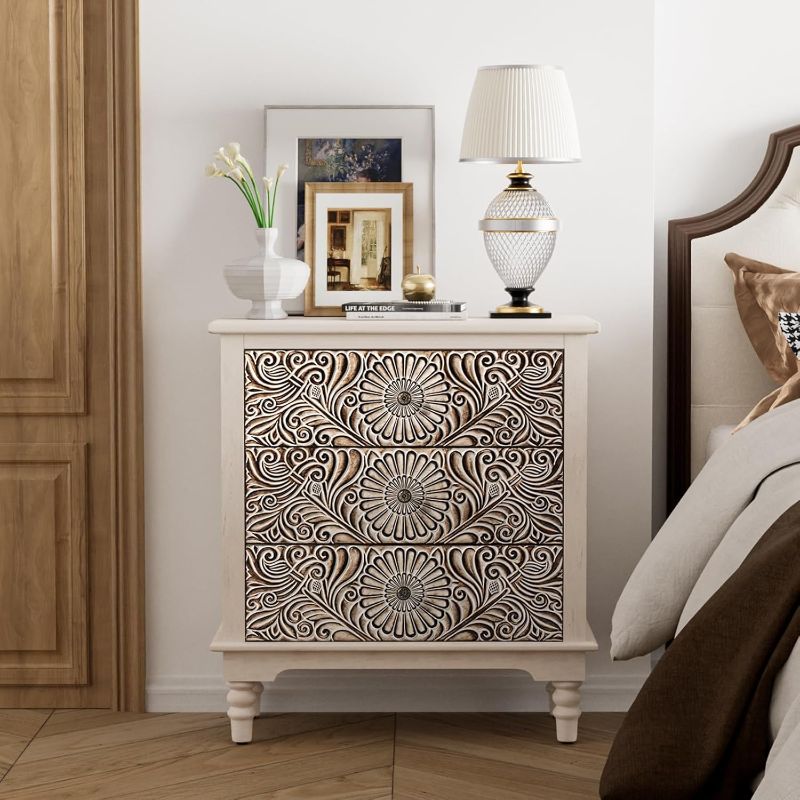 Photo 1 of COSIEST 3 Drawers Accent Dresser, Vintage Small Accent Chest with 4 Wood Legs, Free-Standing Buffet Server Nightstand End Table for Bedroom, Living Room, Entryway