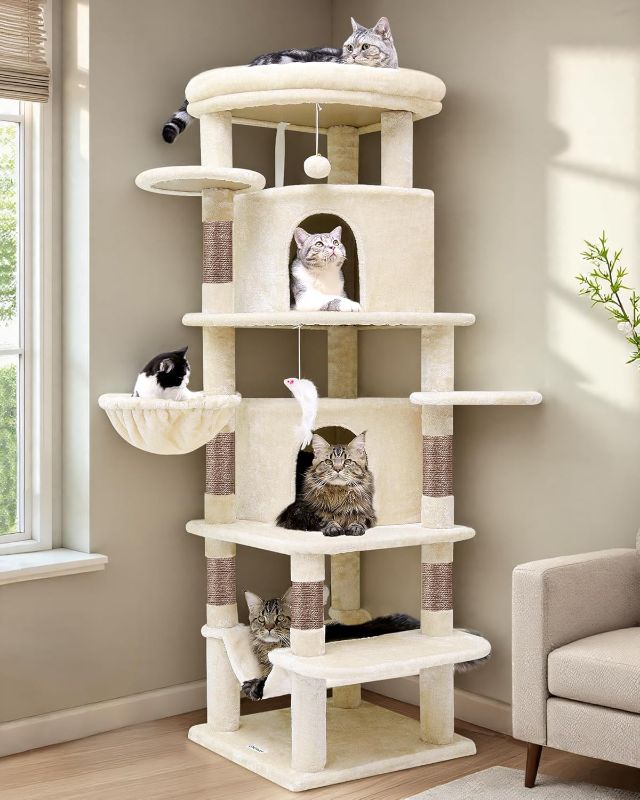 Photo 1 of Globlazer Corner Cat Tree for Large Cats, 66inch Tall Curved Series Large Cat Tower for Multiple Indoor Cats with 6 Scratching Posts, 2 Spacious Cat Condos, Hammock, Hanging Basket, C66, Beige
