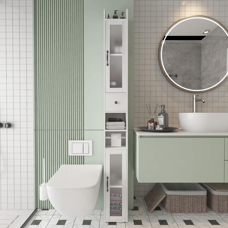 View 1 of Maupvit Bathroom Storage Cabinet with 2 Frosted Glass Doors, Tall Narrow Storage Cabinet with Doors and Shelves Adjustable, Slim Bathroom Cabinet for Small Spaces, 8 Compartments (White)