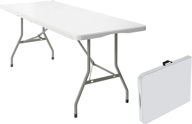Photo 1 of 6 Foot Foldable Table with Built in Handle & Steel Legs,Heavy Duty Portable,Perfect for Party, Dining, Wedding, Events, Picnic Indoor, Outdoor, Camping, Utility, Folding(white-1pac)
