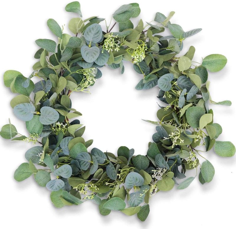 Photo 1 of Eucalyptus Wreaths for Front Door 20", Handmade Green Leaves Wreath for Summer, Spring and All Seasons, Greenery Floral Wreath for Wall and Outside