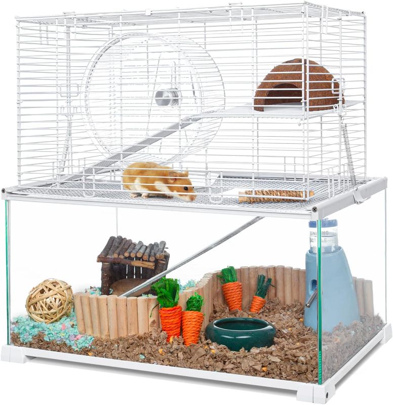 View 1 of OIIBO Large Hamster Cage Habitat,3 Tiers Glass Hamster Tank with Heightened Wire Topper with Two Shelf&Two Ladders Ramps, Openable Top, Removeable Waterproof PVC Tray Rat Cage for Syrian,Gerbils,Mouse
