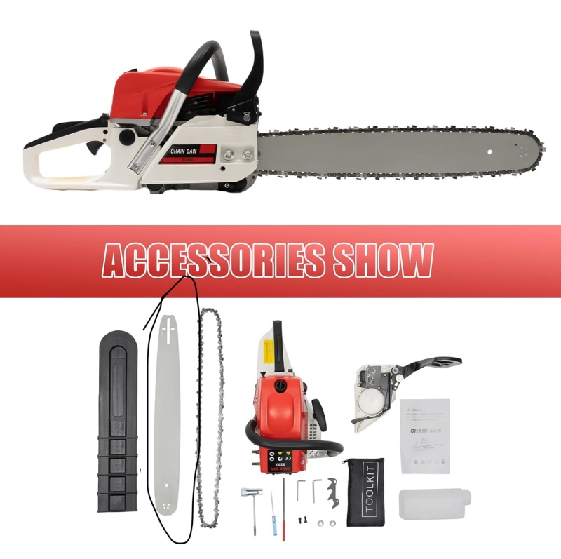 Photo 1 of 20 Inch Gas Chainsaw 52CC 2KW Petrol Chainsaws 2-Stroke Engine Chainsaw Chain Saw Set for Cutting Wood Outdoor Home Farm (Red)