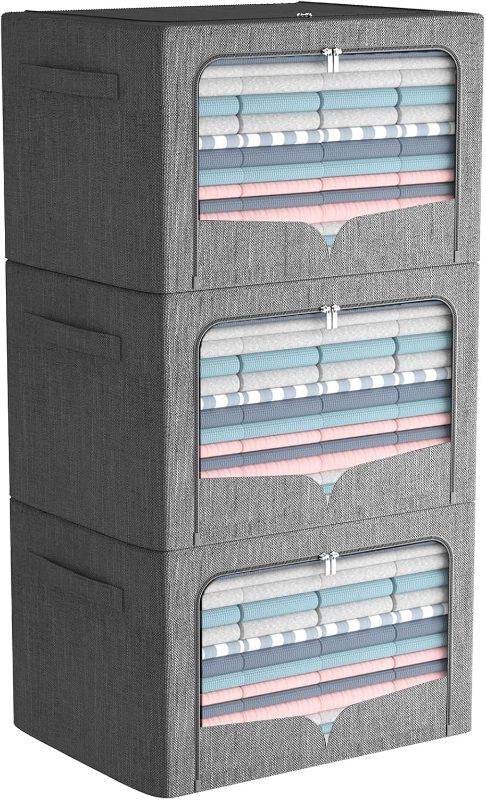 Photo 1 of FHSQX 3 Pack Clothes Storage Bins - Foldable Metal Frame Storage Box - Stackable Linen Fabric Container Organizer Set with Carrying Handles and Clear Window (Dark Gray, 19.7x15.7x13inch(66L))
