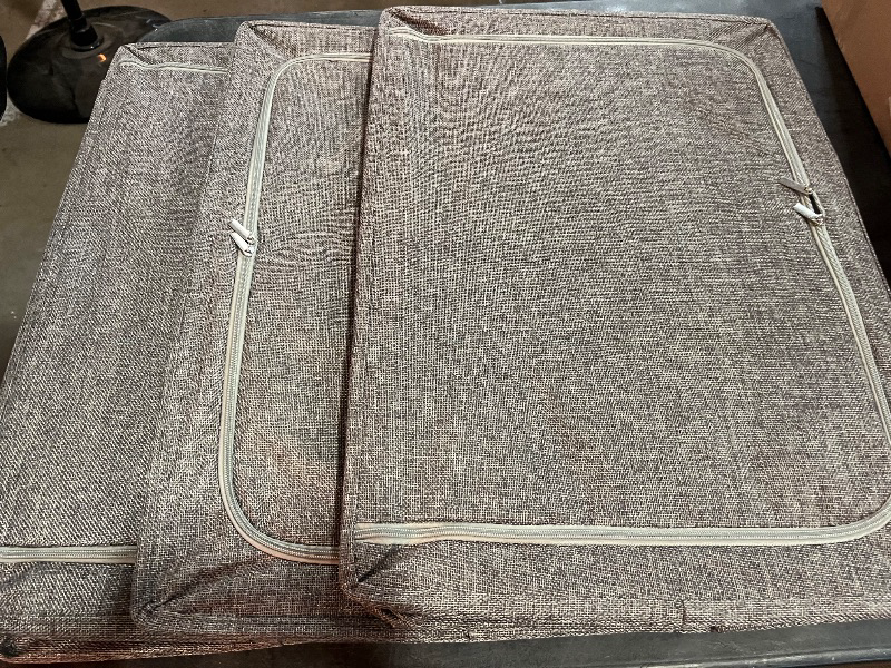 Photo 1 of FHSQX 3 Pack Clothes Storage Bins - Foldable Metal Frame Storage Box - Stackable Linen Fabric Container Organizer Set with Carrying Handles and Clear Window (Dark Gray, 19.7x15.7x13inch(66L))
