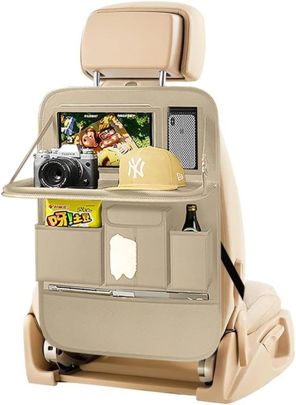 Photo 1 of Aiuwo Car Backseat Organizer with Tablet Holder,Backseat Car Organizer,Kick Mats Back Seat Protector with Touch Screen with Foldable Table for Kids Travel (Plain weave, Beige)
