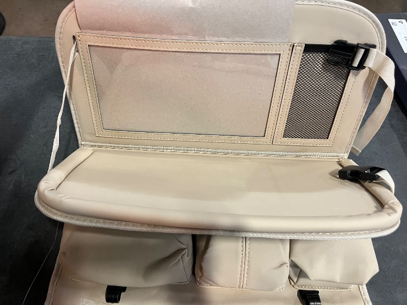Photo 1 of Aiuwo Car Backseat Organizer with Tablet Holder,Backseat Car Organizer,Kick Mats Back Seat Protector with Touch Screen with Foldable Table for Kids Travel (Plain weave, Beige)
