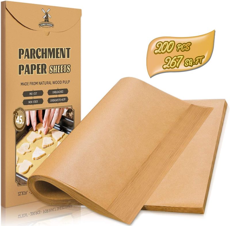 Photo 1 of 200 Pcs Parchment Paper Sheets, 12 x 16 Inch, Precut Non-Stick Parchment Sheets for Baking, Cooking, Grilling, Air Fryer and Steaming - Unbleached, Fit for Half Sheet Pans
