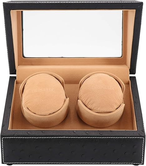 Photo 1 of Double Watch Winder for Rolex and Other Luxury Watches - Automatic Winder with Quiet Motor, Premium Black Ostrich Leather Exterior and Soft Flexible Watch Pillows of Camel Velvet