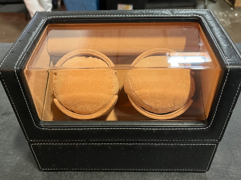Photo 1 of Double Watch Winder for Rolex and Other Luxury Watches - Automatic Winder with Quiet Motor, Premium Black Ostrich Leather Exterior and Soft Flexible Watch Pillows of Camel Velvet