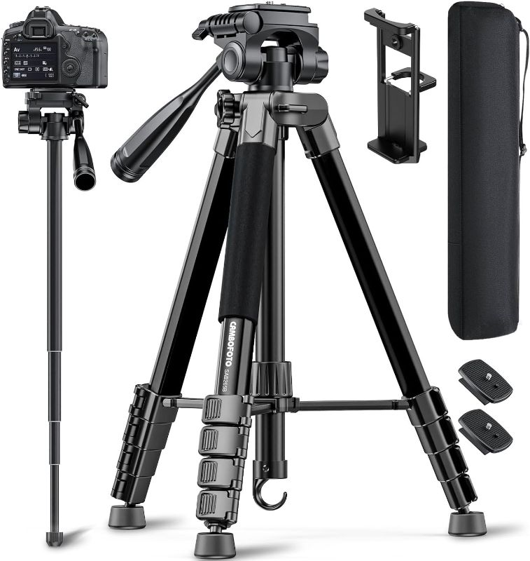 Photo 1 of CAMBOFOTO 73" Camera Tripod and Monopod, Professional Aluminum Tripod Stand for Mirrorless Camera/DSLR/Cell Phone/Camcorder/GoPro, with Phone Holder and Travel Bag (Black)
