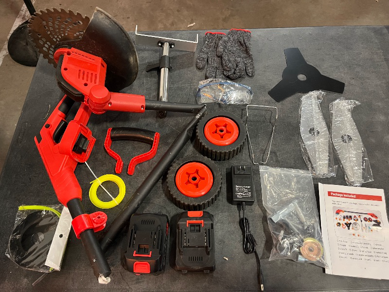 Photo 1 of 20000 RPM Electric Weed Wacker with Wheel,12? Brushless Cordless Weed Eater Battery Powered, 4-in-1 Brush Cutter/String Trimmer/Grass Trimmer/Lawn Mower,Edger Stringless Weed Trimmer,5 Blade,2 Battery

