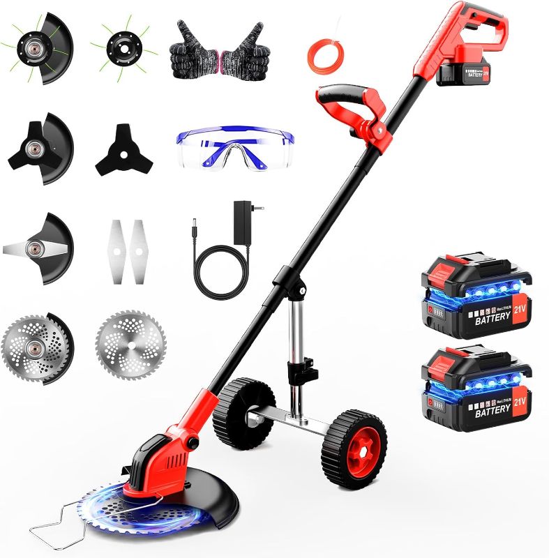 Photo 1 of 20000 RPM Electric Weed Wacker with Wheel,12? Brushless Cordless Weed Eater Battery Powered, 4-in-1 Brush Cutter/String Trimmer/Grass Trimmer/Lawn Mower,Edger Stringless Weed Trimmer,5 Blade,2 Battery
