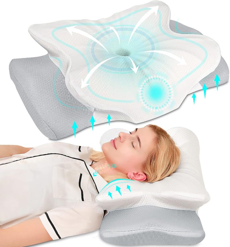 Photo 1 of Cervical Pillow for Neck, Odorless Contour Memory Foam Pillows, Ergonomic Orthopedic Bed Pillows for Sleeping, Support Side Back Stomach Sleeper (Queen)
