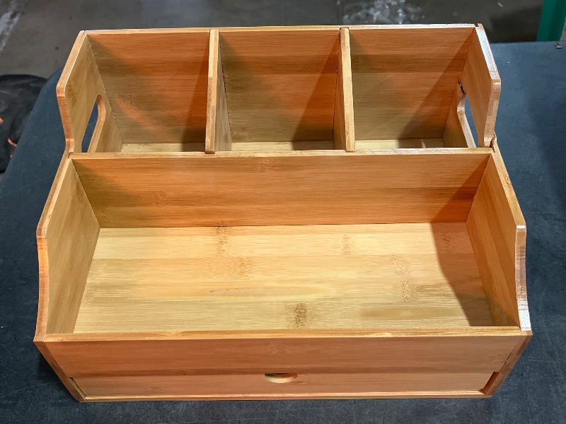 Photo 1 of Hacaroa 3 Tier Bamboo Desktop Organizer with 3 Drawers, Mini Tabletop Craft Box Cosmetic Storage Drawer with Handle, Portable Desk Letter Mail Sorter for Office Supply, Toiletries