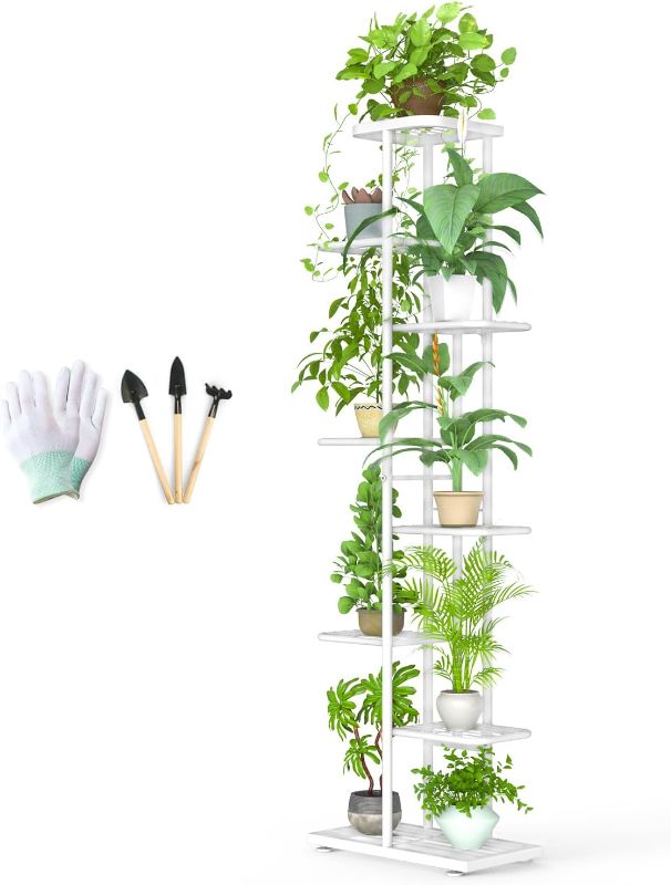 Photo 1 of Corner Plant Stand Indoor 8 Tier 9 Potted with Gardening Tools and Gloves, Upgraded Tall Metal Plant Shelf Organizer Outdoor, Multiple Flower Pot Holder Display Rack for Patio, (8 Tier-White)