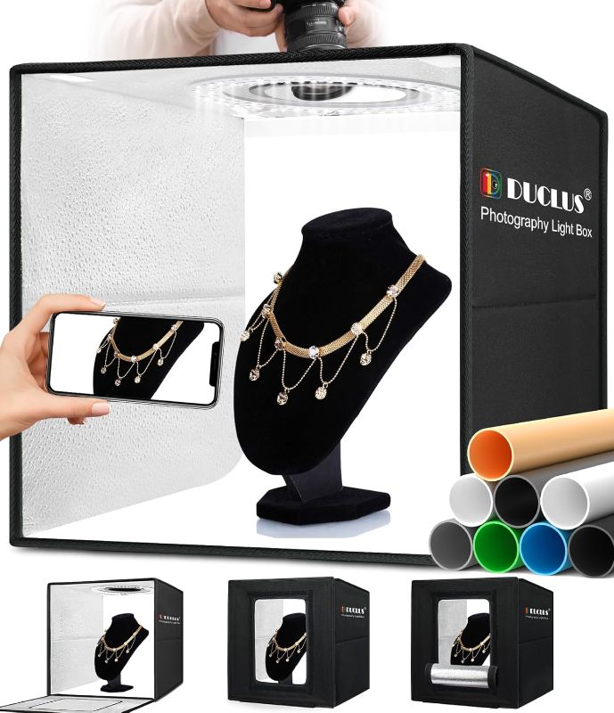 Photo 1 of DUCLUS Light Box Photography, 16x16 inch Portable Photo Studio Box with 160 LED Dimmable Lights, 6 PVC & 2 Paper Backdrops for Product Photography.