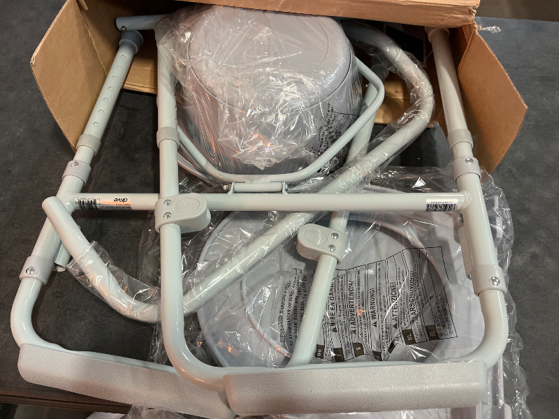 Photo 1 of Drive Medical 11148-1 Folding Steel Bedside Commode Chair, Portable Toilet, Supports Individuals Weighing Up To 350 Lbs, with 7.5 Qt. Bucket and 13.5 Inch Seat, Grey