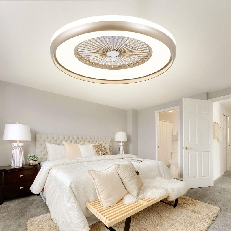 Photo 1 of 24" Bladeless Ceiling Fan with Light Remote, Smart LED Ceiling Fans with App Control, Modern Low Profile Dimmable Light Ceiling Fan for Bedroom Living Room Gold
