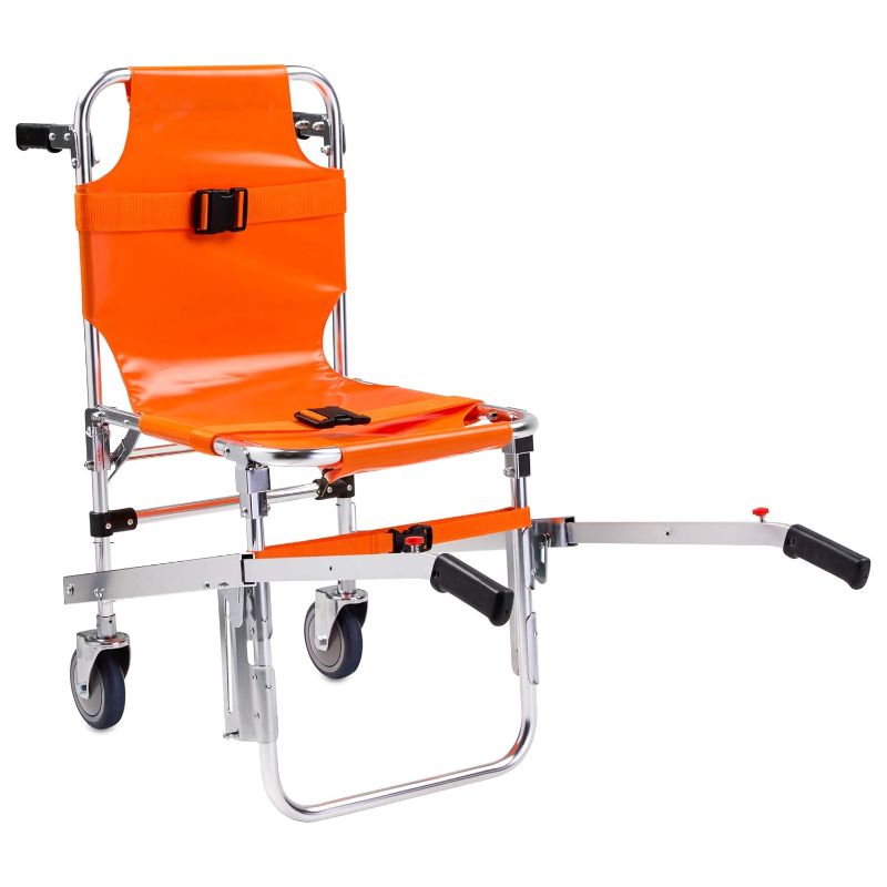 Photo 1 of EMS Stair Chair - Ambulance Firefighter Evacuation Medical Foldable Aluminum Lift Stair Chair + 3 Adjustable Straps with Quick Release Buckles - Orange
