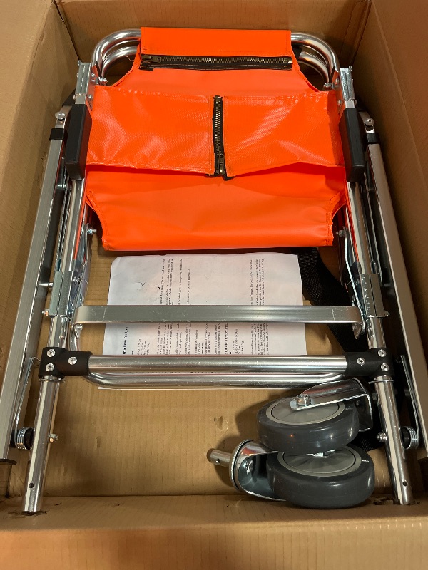 Photo 1 of EMS Stair Chair - Ambulance Firefighter Evacuation Medical Foldable Aluminum Lift Stair Chair + 3 Adjustable Straps with Quick Release Buckles - Orange
