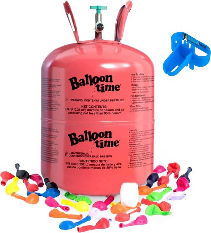 Photo 1 of Helium Tank for Balloons At Home, 14.9 Cu Ft Helium Balloon Pump Kit with 50 Assorted Latex Balloons, White Curling Ribbon and Wholesalehome Balloon Tie Tool
