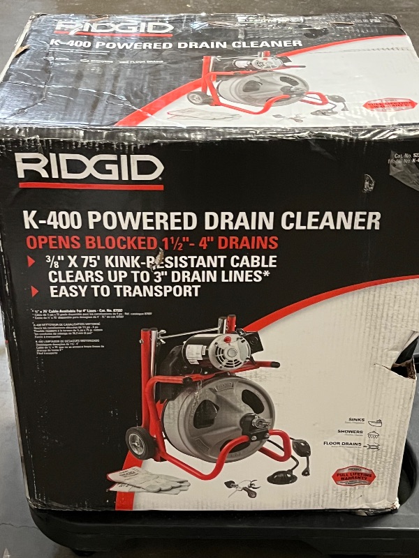 Photo 1 of RIDGID 26998 Model K-400 Drain Cleaning 120-Volt Drum Machine Kit with C-45IW 1/2" x 75' Cable, White, Black, Red
