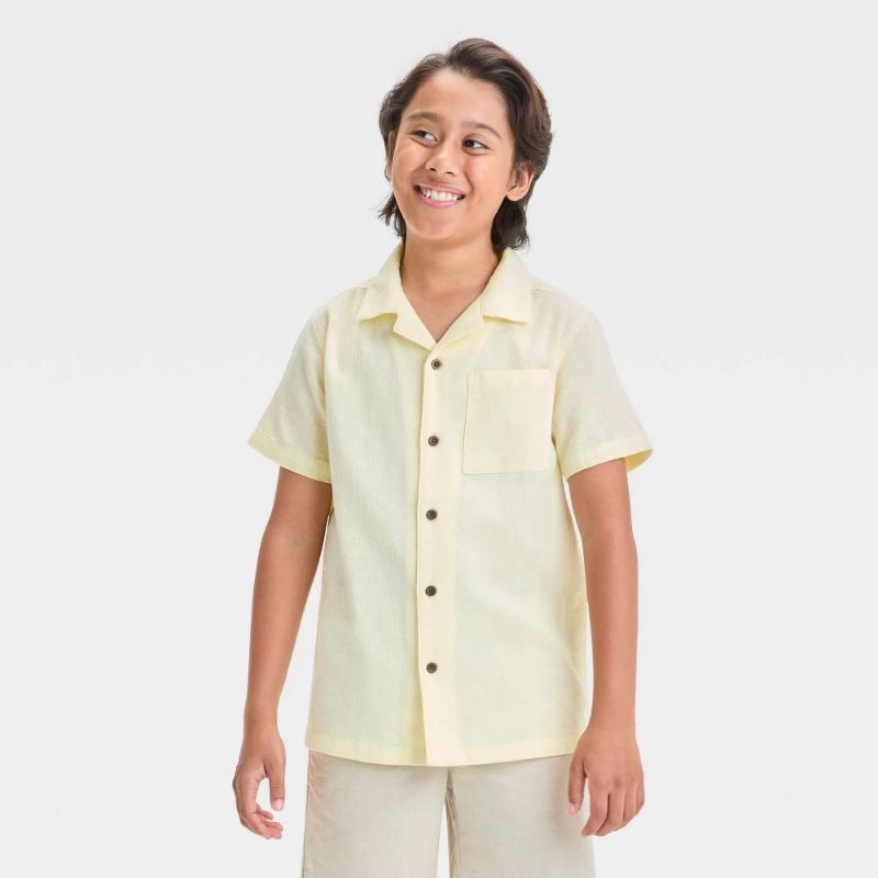 Photo 1 of (M) Boys' Short Sleeve Textured Button-Down Shirt - Cat & Jack™ Yellow M: Front Pocket, Camp Collar