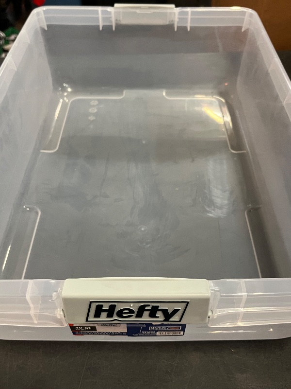 Photo 1 of Hefty 40qt Clear Plastic Storage Bin with Gray HI-RISE Stackable Lid: Under Bed Utility Totes, Locking Handles, Snap Closure

