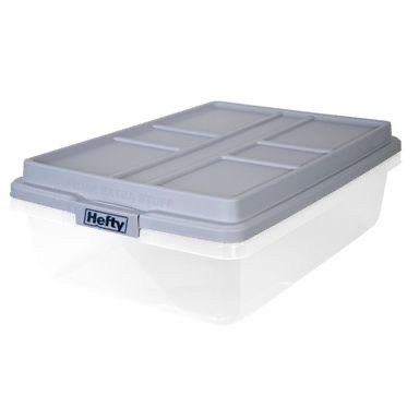 Photo 1 of Hefty 40qt Clear Plastic Storage Bin with Gray HI-RISE Stackable Lid: Under Bed Utility Totes, Locking Handles, Snap Closure
