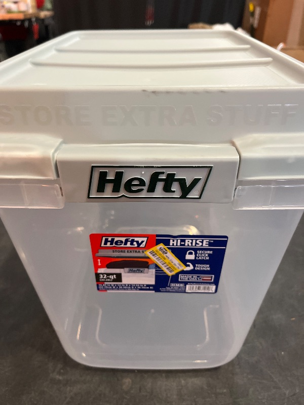 Photo 1 of Hefty 32qt Slim Clear Plastic Storage Bin with Gray HI-RISE Stackable Lid: Locking Handles, Universal Utility Totes
