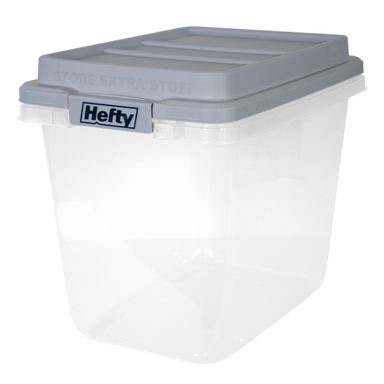 Photo 1 of Hefty 32qt Slim Clear Plastic Storage Bin with Gray HI-RISE Stackable Lid: Locking Handles, Universal Utility Totes
