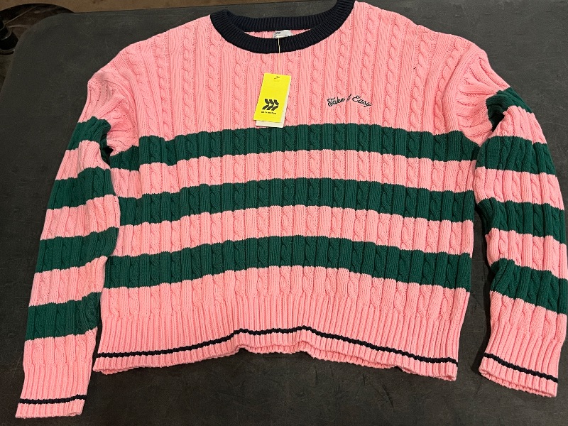 Photo 1 of (XXL) Women's Striped Cable Knit Pullover Sweater - All in Motion™ Pink XXL: Crew Neck, Long Sleeve
