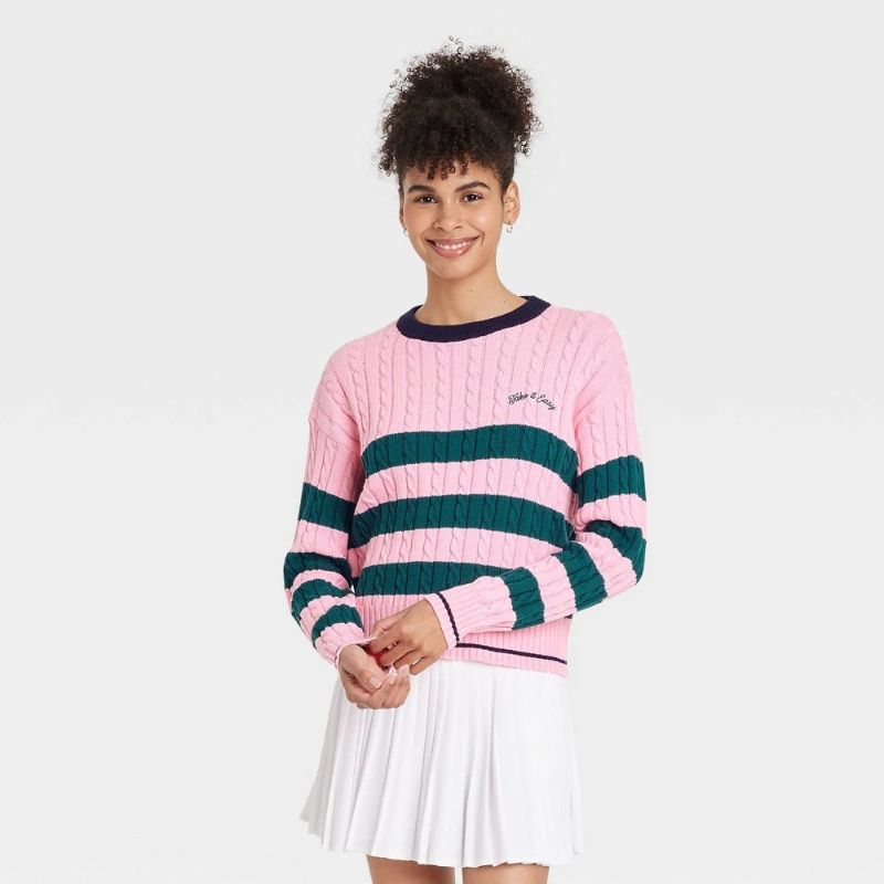 Photo 1 of (XXL) Women's Striped Cable Knit Pullover Sweater - All in Motion™ Pink XXL: Crew Neck, Long Sleeve
