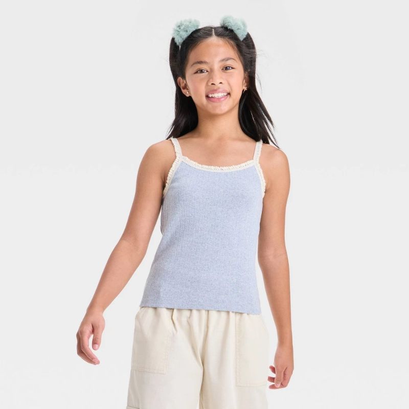 Photo 1 of (M) Girls' Lace Trim Tank Top - Art Class™ Heather Gray M: Cotton, Squareneck, Spaghetti Straps
