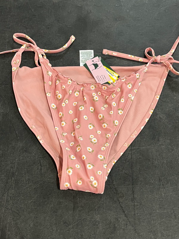 Photo 1 of (L) Women's Ditsy Floral Print Lettuce Edge Front Trim Low-Rise High Leg Cheeky Bikini Bottom - Wild Fable™ Pink L
